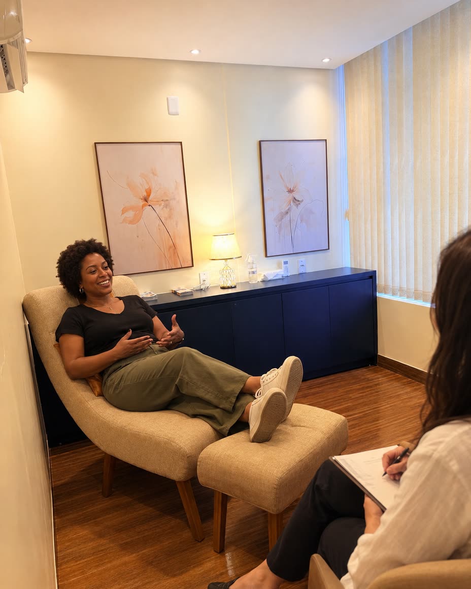 Consultório de psicoterapia para adultos, aconchegante, com poltrona e apoio para os pés
