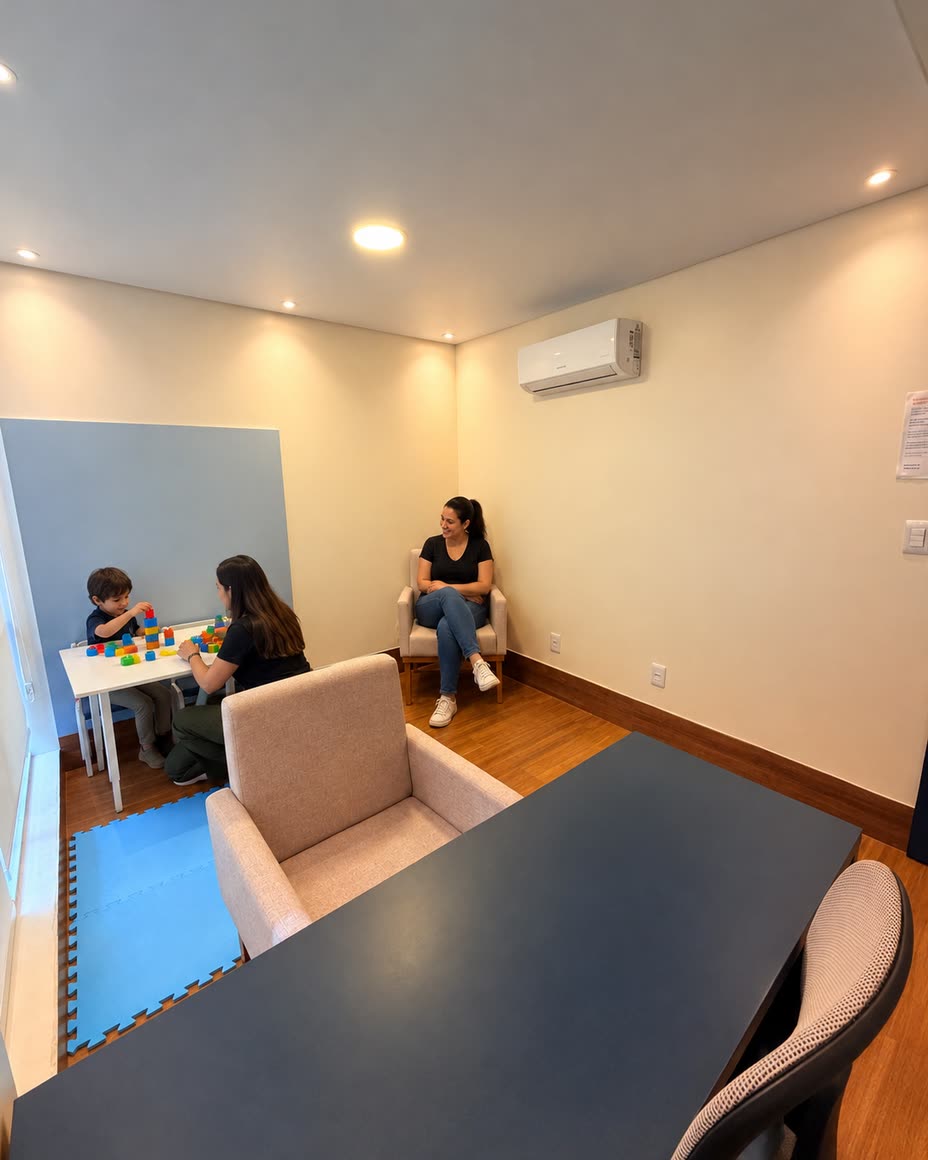 Consultório infantil amplo, com mesinha e tatame