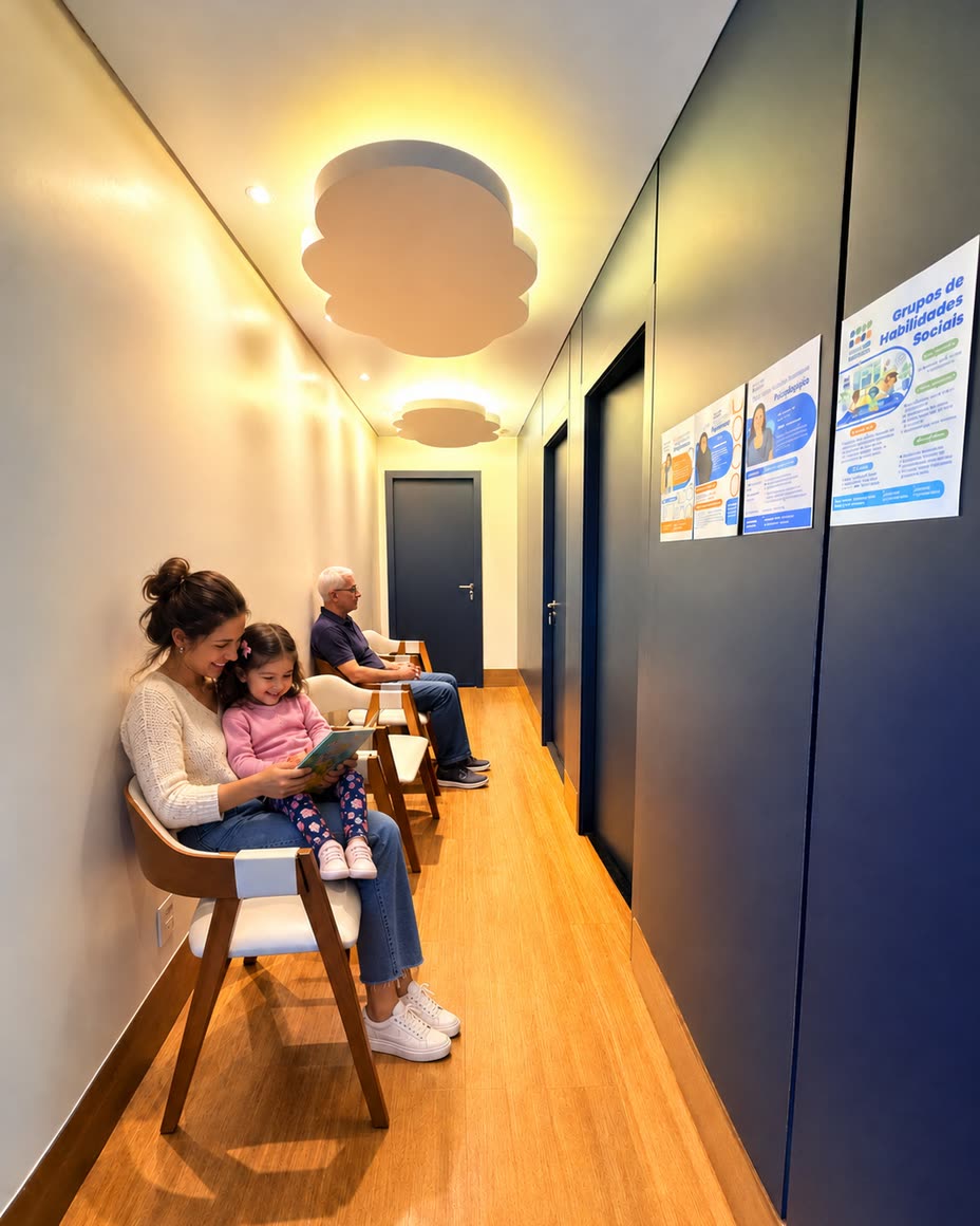 Sala de espera em corredor com luz suave e cadeiras de madeira