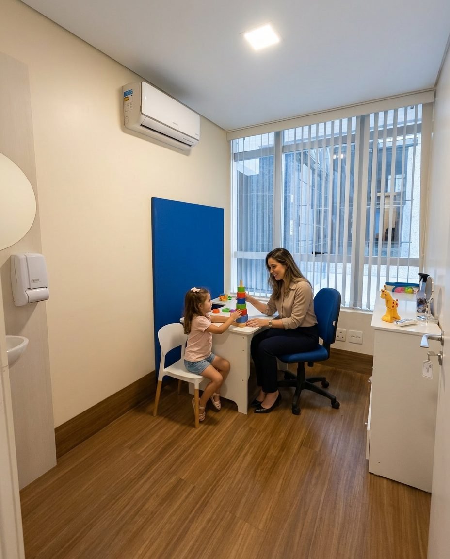 Sala de atendimento infantil com terapeuta e criança