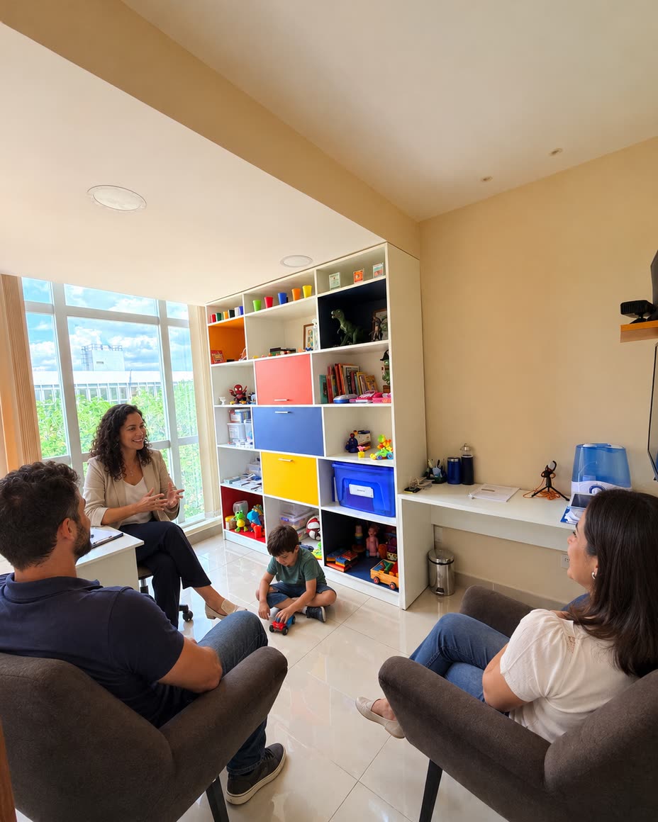 Sala de atendimento infantil colorida e iluminada, com estante de brinquedos