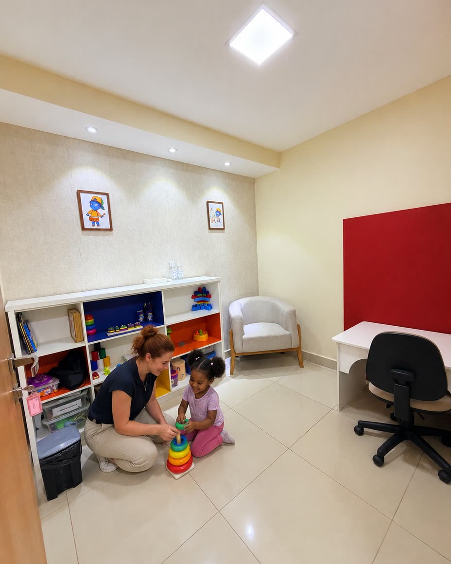 Sala de atendimento infantil com estante de brinquedos