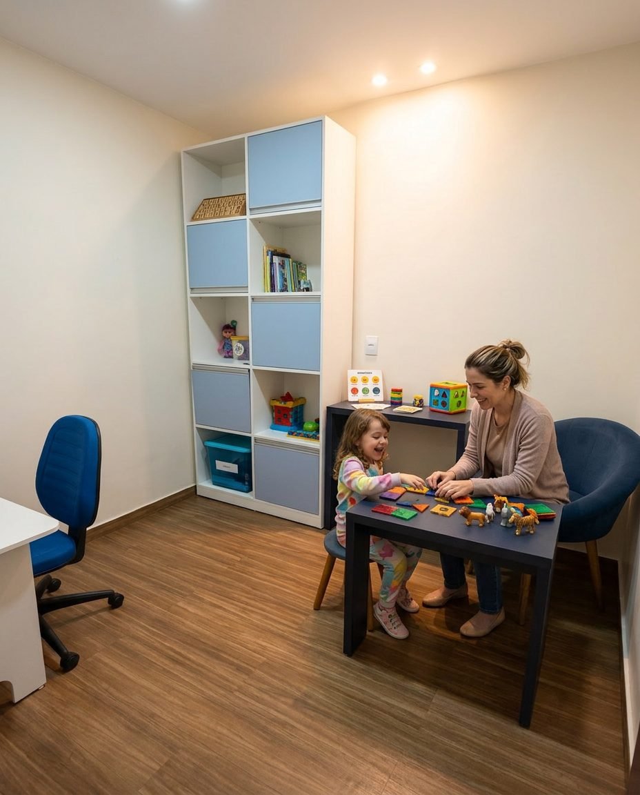Sala de terapia infantil com criança e terapeuta em atividade