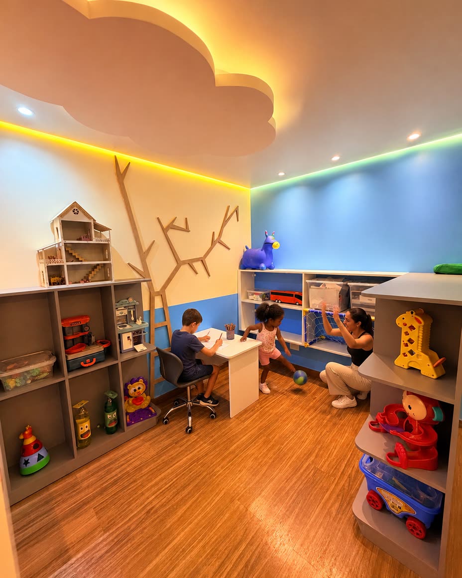 Cantinho lúdico do Suporte Pedagógico Especializado, com árvore decorativa e brinquedos
